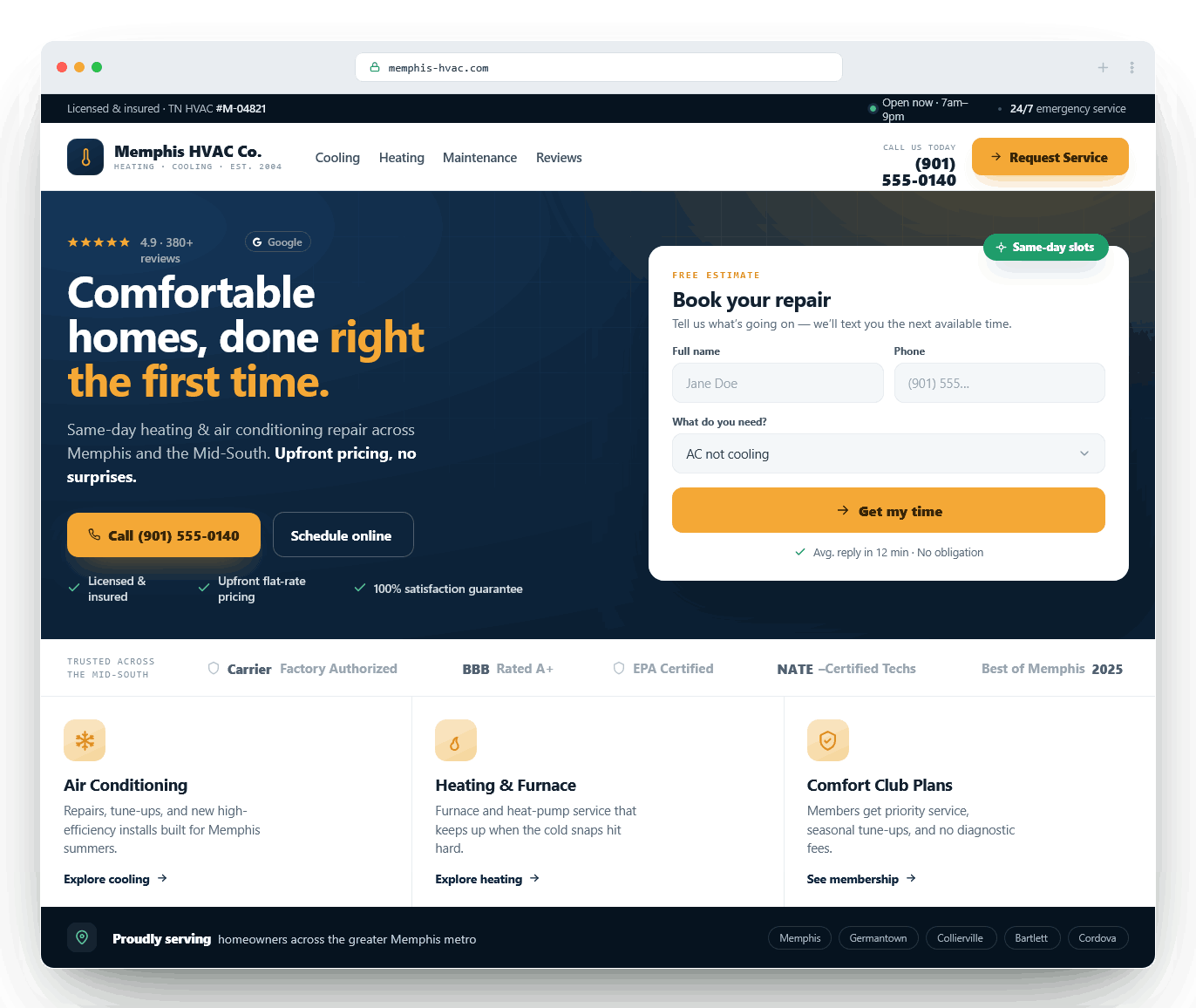 Polished sample local service website preview with clear phone, request service action, trust signals, and service-area content